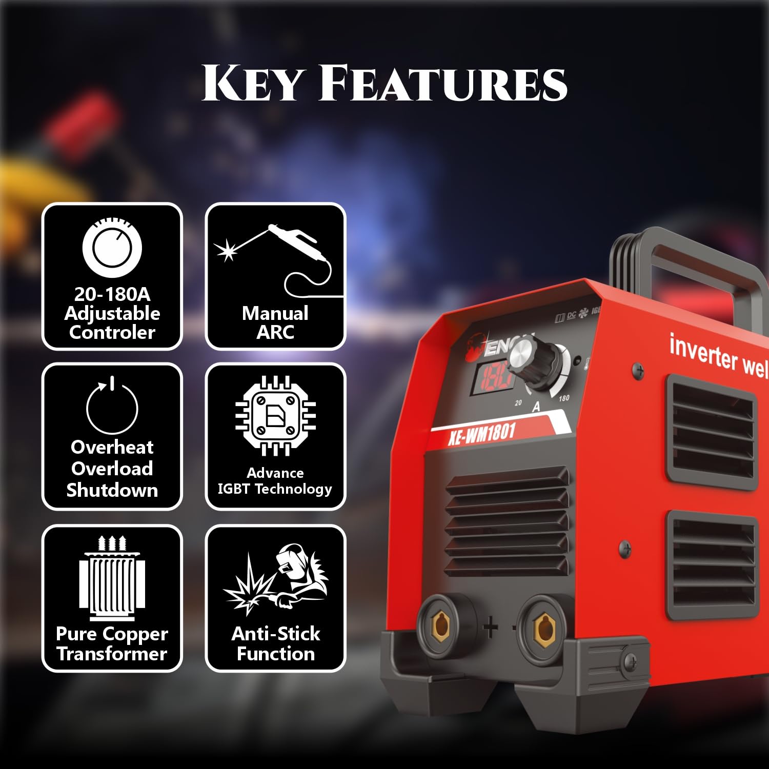 ENON Inverter ARC Welding Machine 180A (Advanced IGBT) 8300W Power Welder, Hot Start, Anti-Stick, Portable DIY Welder Machine, Welding Machine for Home Use (XE-WM1801) ENON Inverter ARC Welding Machine 180A (Advanced IGBT) 8300W Power Welder, Hot Start, Anti-Stick, Portable DIY Welder Machine, Welding Machine for Home Use (XE-WM1801)